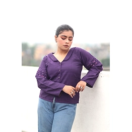 GREEN PARROT Woven sleeves purple shirt