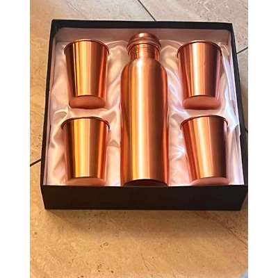 Pure Copper Drinkware Gift Set of 1 Bottle & 4 Glass With Gift Box, Gift item for Diwali, Bithday & Parties, Bottle-1000 ml & Glass-300 ml