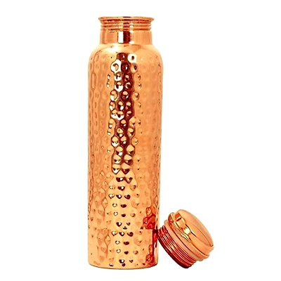 Pure Copper Water Bottle With Hammered Shine Finish Design, Drinkware, Storage Purpose, Volume-1 Litre, Pack of 1