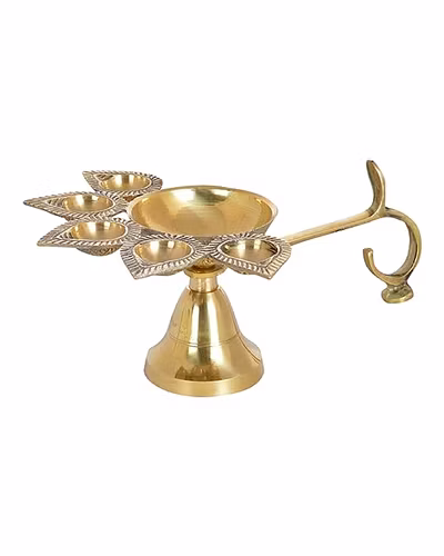 Brass Deepak | Panch Mukhi Puja Diya Lamp, Aarti | 5 Faces Deep Decorative Accessory-12694879