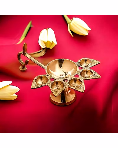 Brass Deepak | Panch Mukhi Puja Diya Lamp, Aarti | 5 Faces Deep Decorative Accessory-3