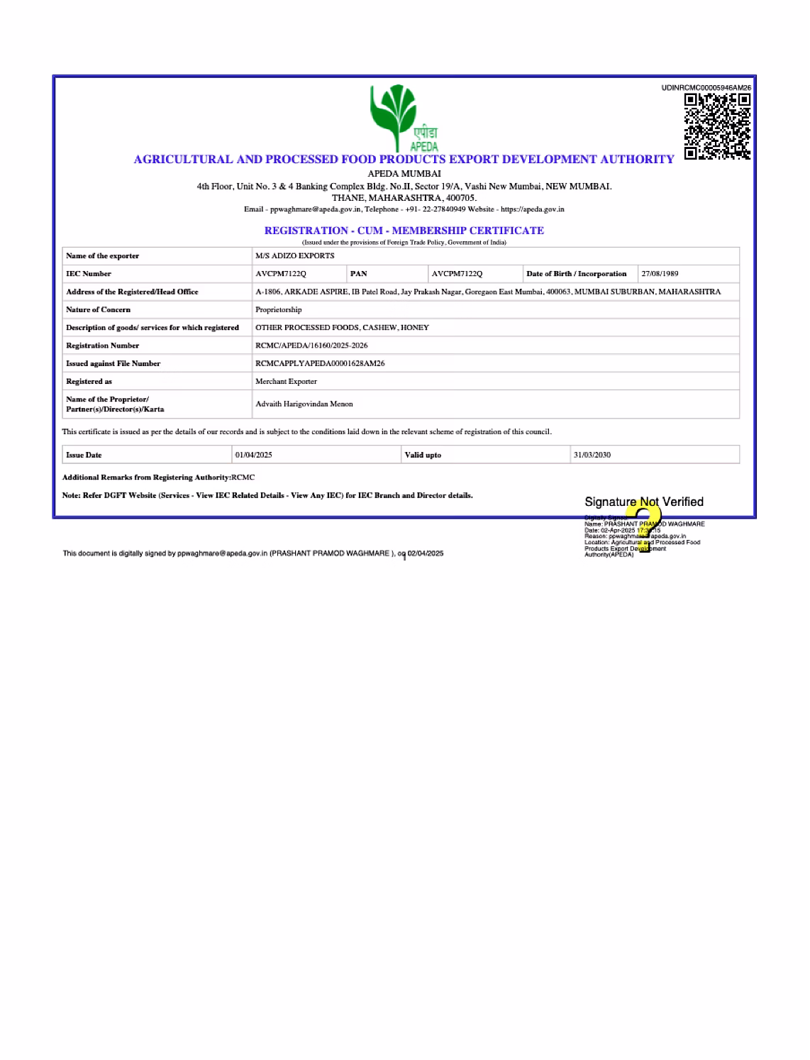 APEDA Certificate