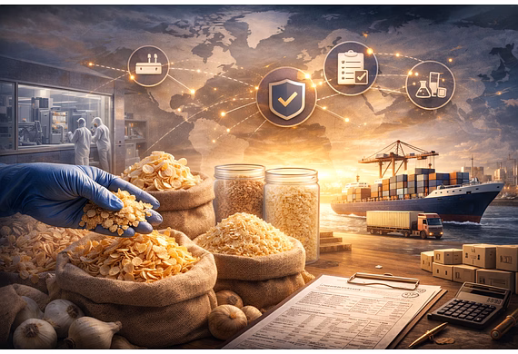 dehydrated onion and dehydrated garlic ingredients with global trade and import compliance theme.