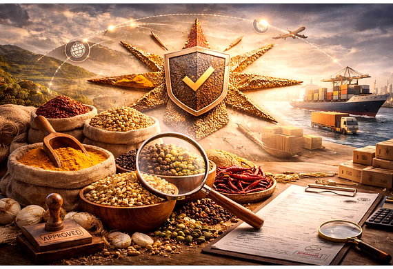 whole spices from India (turmeric, cumin, coriander, cardamom, black pepper, red chillies) with glob