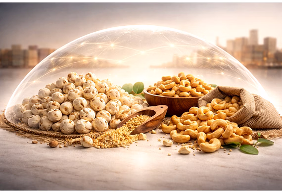foxnuts (makhana) and cashew kernels from India with global trade, quality and compliance theme.