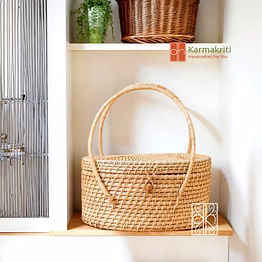 karmakriti large bamboo basket with lid | rattan basket with handles