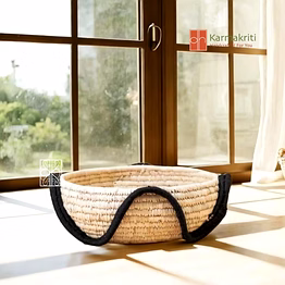 karmakriti round wicker coffee table organizer - black and natural