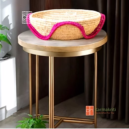 karmakriti round wicker coffee table organizer - pink and natural