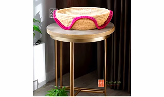 Round wicker Coffee Table Organizer - Pink and natural