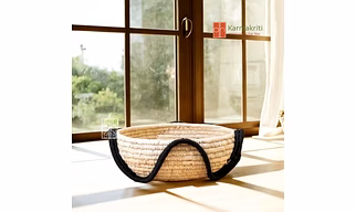 Round wicker Coffee Table Organizer - Black and natural