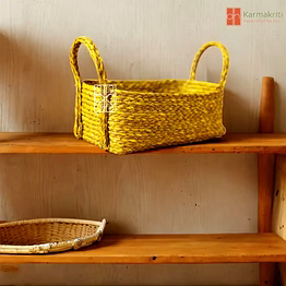 yellow wicker storage basket | makeup organizer