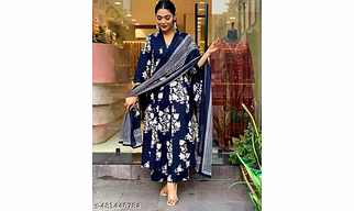CLOTHAURA Premium Cotton Floral Printed Kurta Pant Dupatta Set for Women | Stylish Ethnic Wear for Festive and Casual Occasions | Comfortable Traditional Outfit in Navy Blue and Green