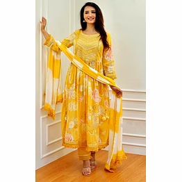 clothaura women's rayon yellow anarkali kurta pant dupatta set | floral print kurti set | ethnic wear for women | festive suit