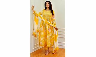 CLOTHAURA Women's Rayon Yellow Anarkali Kurta Pant Dupatta Set | Floral Print Kurti Set | Ethnic Wear for Women | Festive Suit