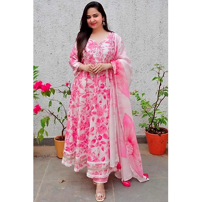 CLOTHAURA Women's Rayon Anarkali Floral Printed Kurta Pant Dupatta Set | Elegant Ethnic Wear for Festive, Party, and Daily Occasions