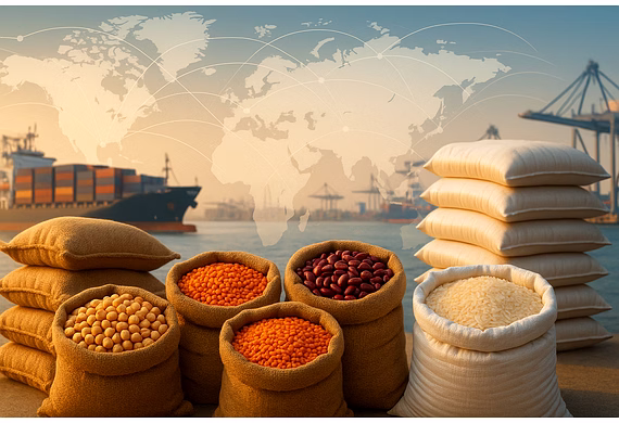 Indian grains and pulses in sacks with a global trade and logistics background for PAN International