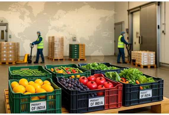 Indian fresh fruits and vegetables in cold-chain crates with a global logistics and temperature-cont