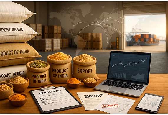 Indian agri-products, export documents, and a world map symbolizing a reliable Indian agricultural e