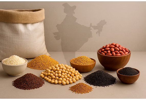 Indian oil seeds in labeled sacks with a global trade and logistics background for PAN International