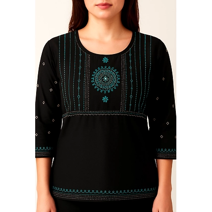 Women's Embroidered Kurti-M-Black-2