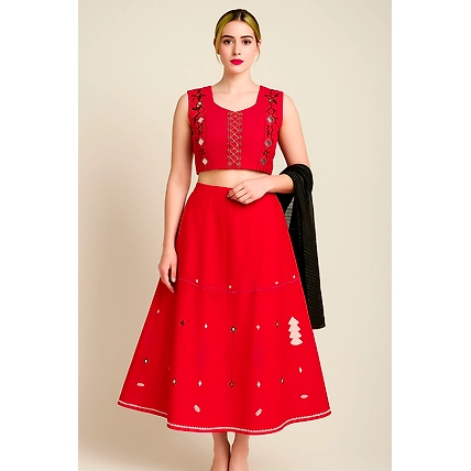 Elegant Embroidered Lehenga Choli Set – Red with Black Dupatta-M-1