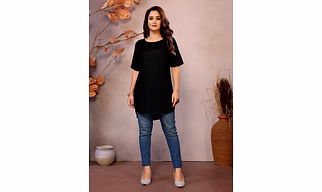 Black Pure Viscose Boat Neck Short Sleeve Kurti/Top