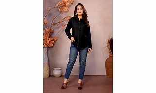 Black Pure Viscose Short Collar Neck, Full Sleeve Office wear Shirt for Women