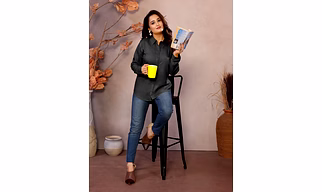 Charcoal Pure Viscose Short Collar Neck, Full Sleeve Office wear Shirt for Women