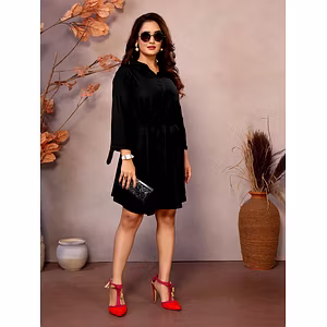 Black Pure Viscose Flared Tunic Dress with Short Collar & Full Sleeves