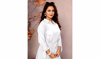 White Pure Viscose Flared Tunic Dress with Short Collar & Full Sleeves