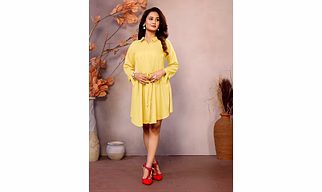 Golden Pure Viscose Flared Tunic Dress with Short Collar & Full Sleeves