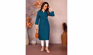 Teal Long Kurti for Women – 100% Pure Viscose, 3/4 Sleeve, V Placket Mandarin Neck pattern, stylish Round Bottom corner | casual kurti for women | formal women's kurti | Leisure kurti for women