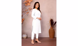 White Long Kurti for Women – 100% Pure Viscose, 3/4 Sleeve, V Placket Mandarin Neck pattern, stylish Round Bottom corner | casual kurti for women | formal women's kurti | Leisure kurti for women