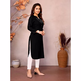 black long kurti for women – 100% pure viscose, 3/4 sleeve, v placket mandarin neck pattern, stylish round bottom corner | casual kurti for women | formal women's kurti | leisure kurti for women