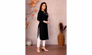 Black Long Kurti for Women – 100% Pure Viscose, 3/4 Sleeve, V Placket Mandarin Neck pattern, stylish Round Bottom corner | casual kurti for women | formal women's kurti | Leisure kurti for women