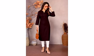 Chocolate Long Kurti for Women – 100% Pure Viscose, 3/4 Sleeve, V Placket Mandarin Neck pattern, stylish Round Bottom corner | casual kurti for women | formal women's kurti | Leisure kurti for women