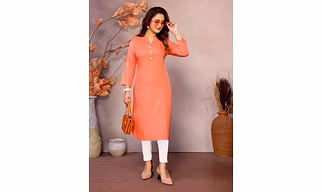 Peach Long Kurti for Women – 100% Pure Viscose, 3/4 Sleeve, V Placket Mandarin Neck pattern, stylish Round Bottom corner | casual kurti for women | formal women's kurti | Leisure kurti for women