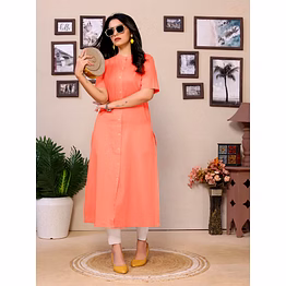 peach pure cotton long kurti for women with round collar & 3/4 sleeves bold design for the confident working women | formal & casual versatile kurti | knee-length straight kurti for all bottoms
