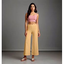 beige cotton women's palazzo wide-leg bottoms with elastic waist soft mid-rise loose fit palazzo with pockets stylish flowy design for casual solid ankle-length comfort wear trousers