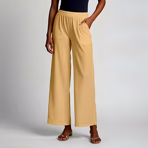 Beige Cotton Women's Palazzo Wide-Leg Bottoms with Elastic Waist Soft Mid-Rise Loose Fit Palazzo with Pockets Stylish Flowy Design for Casual Solid Ankle-Length Comfort Wear Trousers