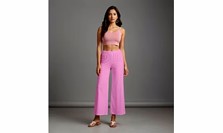 Baby Pink Cotton Women's Palazzo Wide-Leg Bottoms with Elastic Waist Soft Mid-Rise Loose Fit Palazzo with Pockets Stylish Flowy Design for Casual Solid Ankle-Length Comfort Wear Trousers