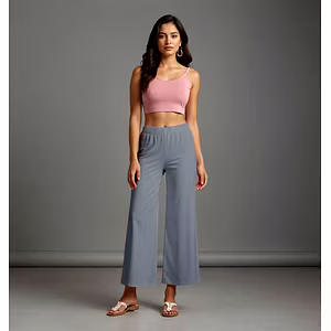 Ash Grey Cotton Women's Palazzo Wide-Leg Bottoms with Elastic Waist Soft Mid-Rise Loose Fit Palazzo with Pockets Stylish Flowy Design for Casual Solid Ankle-Length Comfort Wear Trousers