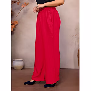 Magenta Viscose Rayon Women's Palazzo Wide-Leg Bottoms with Elastic Waist Soft Mid-Rise Loose Fit Palazzo with Pockets Stylish Flowy Design for Casual Solid Ankle-Length Comfort Wear Trousers