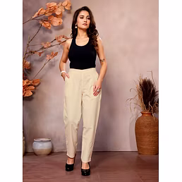 Beige Cotton Pants for Women | Comfortable &amp; Stylish Daily Wear Formal Pants | Casual Pants | Daily Wear | Half Elastic Waist | Ankle Length