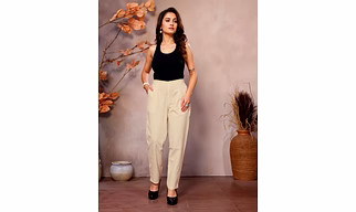 Beige Cotton Pants for Women | Comfortable & Stylish Daily Wear Formal Pants | Casual Pants | Daily Wear | Half Elastic Waist | Ankle Length