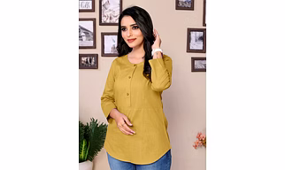 Beige Pure Cotton Yoke design Stylish Top for women - perfect for the confident working women, 3/4 Sleeve, Mandarin Closed collar, Hip length A-Liner - varsatile Short kurti to fit for all bottoms | Formal Short kurti for women casual kurti