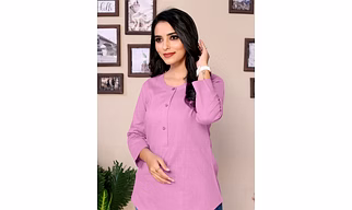 Baby Pink Pure Cotton Yoke design Stylish Top for women - perfect for the confident working women, 3/4 Sleeve, Mandarin Closed collar, Hip length A-Liner - varsatile Short kurti to fit for all bottoms | Formal Short kurti for women casual kurti