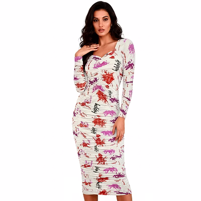 fixon global india women's bodycon midi dress | multicolor print | full sleeve elegant design