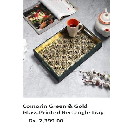 Comorin Green &amp; Gold Glass Printed Rectangle Tray-TR073