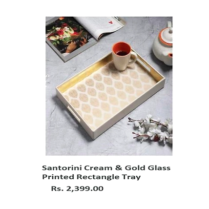 Santorini Cream &amp; Gold Glass Printed Rectangle Tray-TR074